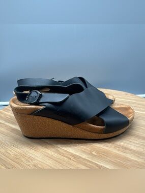 Birkenstock Papillio Samira Black Leather Wedge Sandals EU 37 USA 6 Comfort